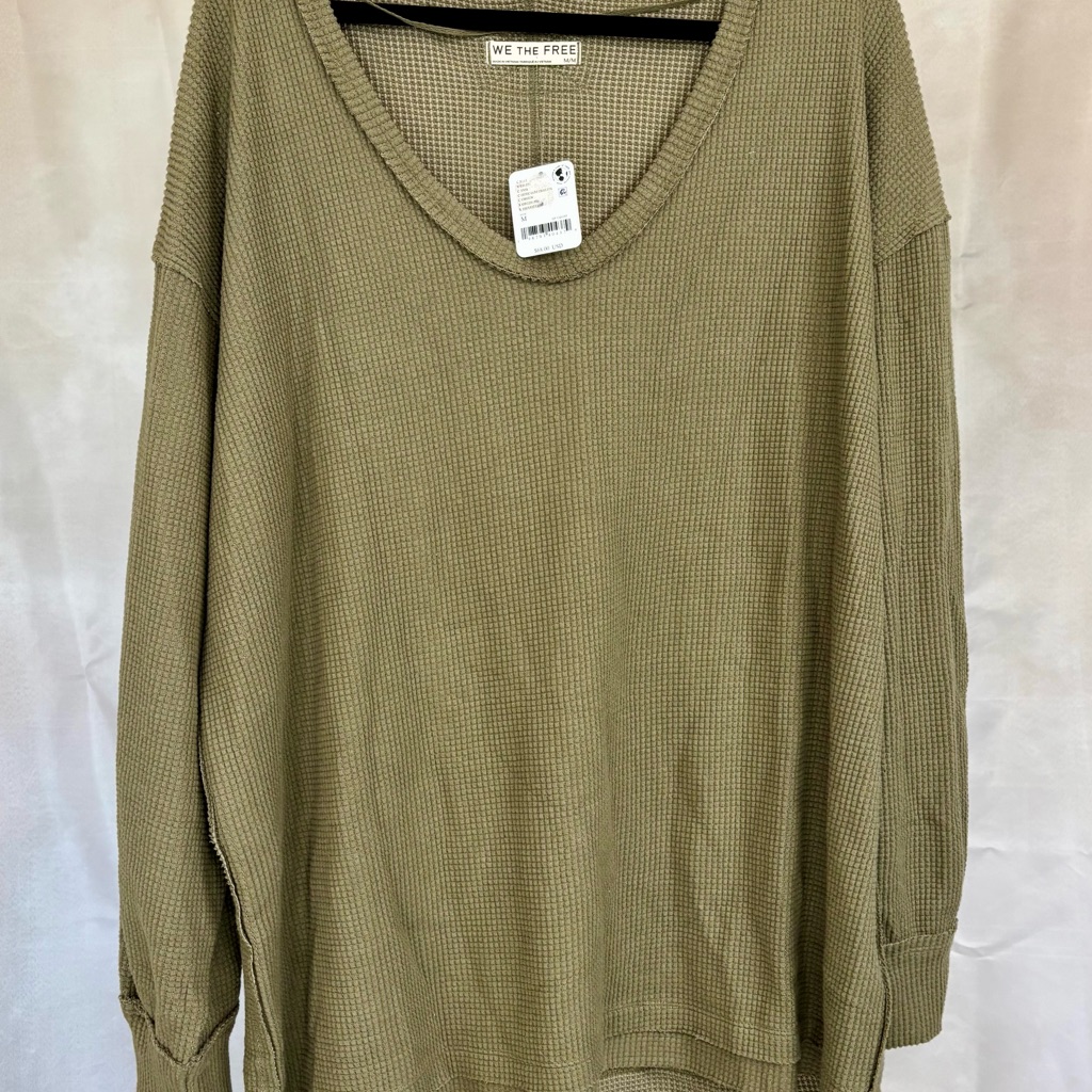 We The Free Olive Green Waffle-Knit Scoop Neck Sweater